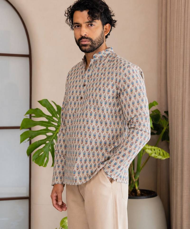Off white color smart and ethnic swiss linen fabric fetive printed short kurta for men's trendy looks