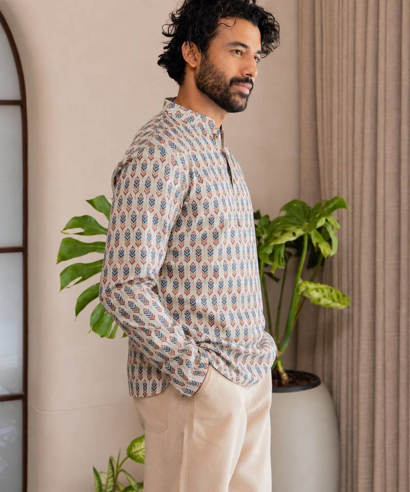 Off white color smart and ethnic swiss linen fabric fetive printed short kurta for men's trendy looks