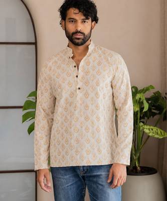 Off white color smart and ethnic swiss linen fabric fetive printed short kurta for men's trendy looks 1