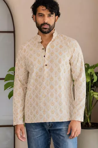 Off white color smart and ethnic swiss linen fabric fetive printed short kurta for men's trendy looks