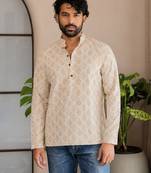 Off white color smart and ethnic swiss linen fabric fetive printed short kurta for men's trendy looks