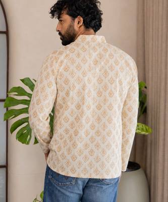 Off white color smart and ethnic swiss linen fabric fetive printed short kurta for men's trendy looks 2