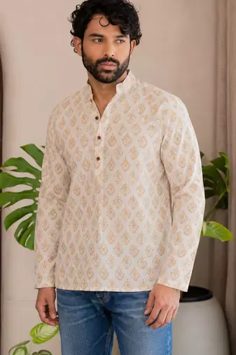 Off white color smart and ethnic swiss linen fabric fetive printed short kurta for men's trendy looks