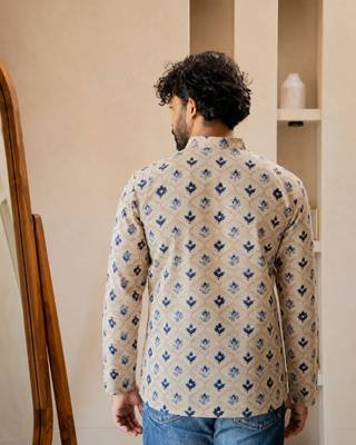 Beige color smart and ethnic swiss linen fabric fetive printed short kurta for men's trendy looks 2