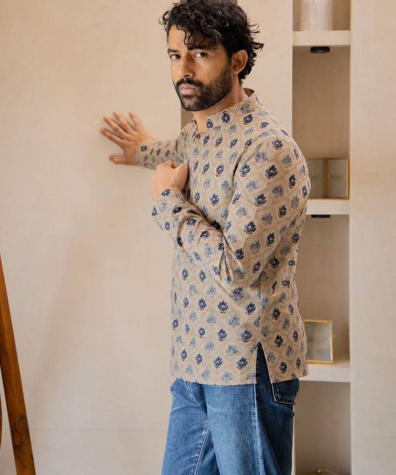 Beige color smart and ethnic swiss linen fabric fetive printed short kurta for men's trendy looks