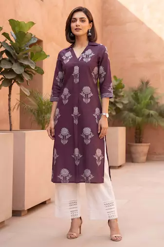 Burgundy  pure cotton printed kurti for women