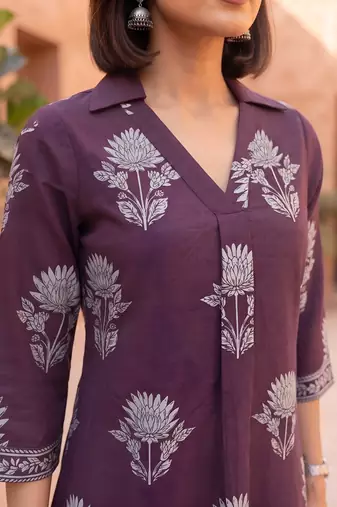 Burgundy  pure cotton printed kurti for women