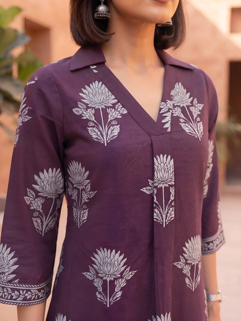 Burgundy  pure cotton printed kurti for women