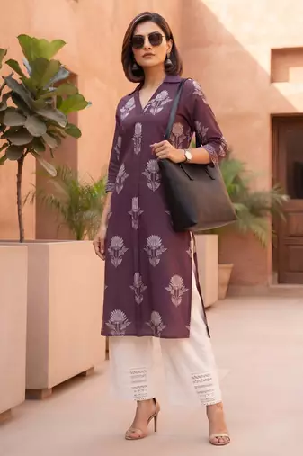 Burgundy  pure cotton printed kurti for women