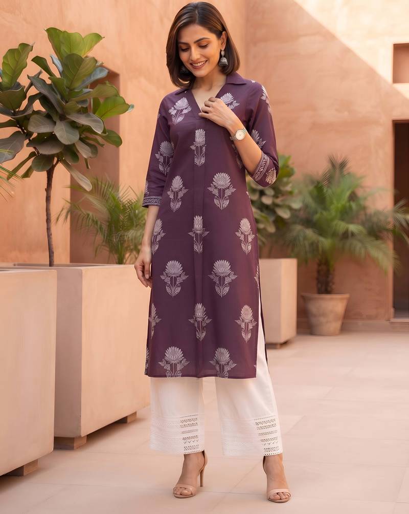 Burgundy  pure cotton printed kurti for women