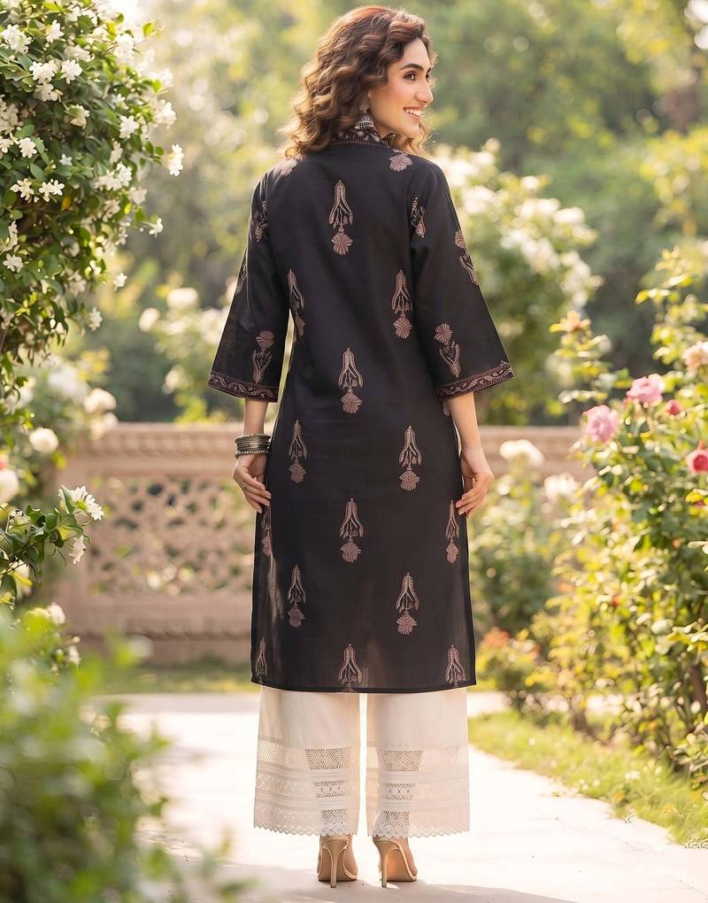 Black  pure cotton printed kurti for women