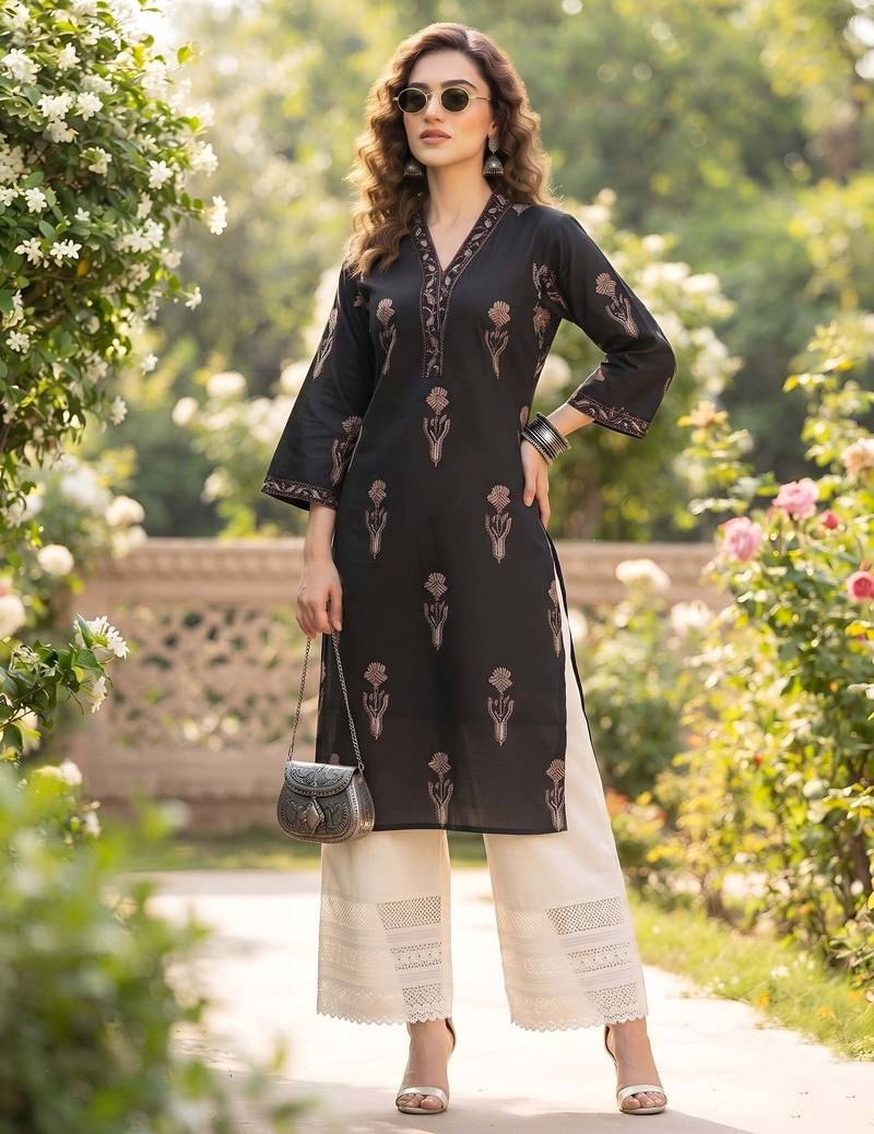 Black  pure cotton printed kurti for women