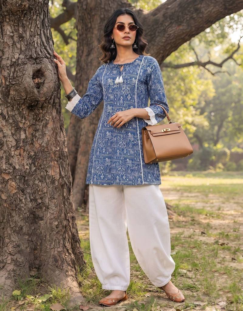 Blue  pure cotton printed kurti for women