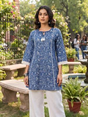 Blue  pure cotton printed kurti for women 4