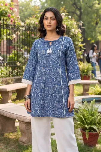 Blue  pure cotton printed kurti for women