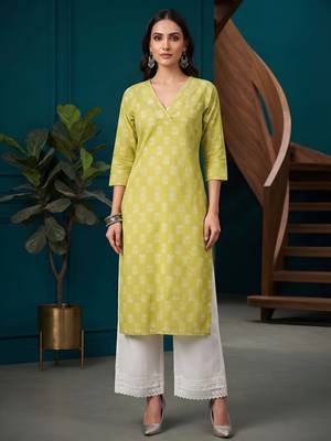 Yellow  pure cotton printed kurti for women 1