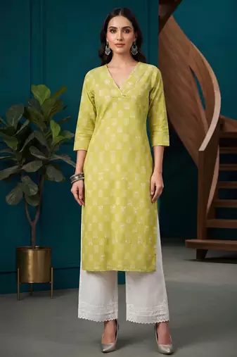 Yellow  pure cotton printed kurti for women