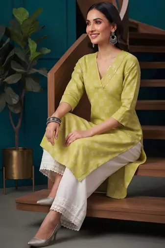 Yellow  pure cotton printed kurti for women