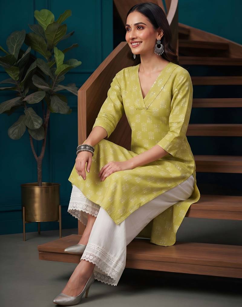 Yellow  pure cotton printed kurti for women