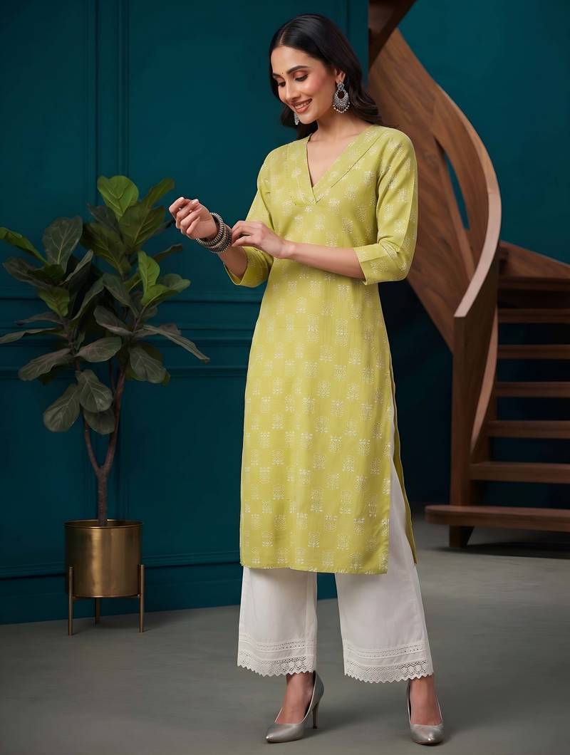 Yellow  pure cotton printed kurti for women