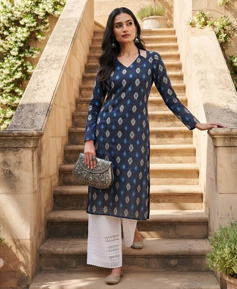 Blue  pure cotton printed kurti for women