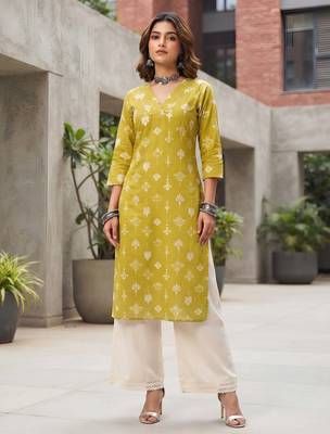 Yellow  pure cotton printed kurti for women 1