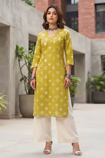 Yellow  pure cotton printed kurti for women