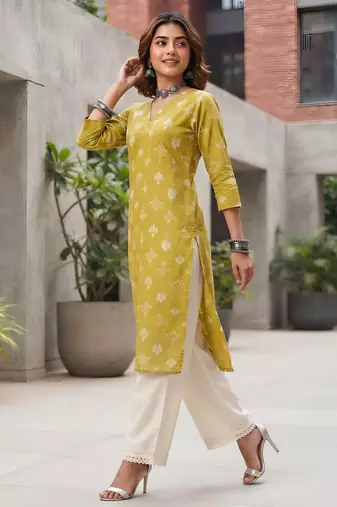 Yellow  pure cotton printed kurti for women