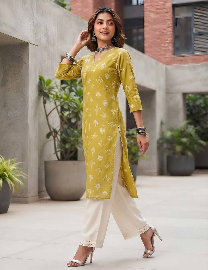 Yellow  pure cotton printed kurti for women