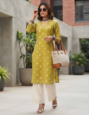 Yellow  pure cotton printed kurti for women 5