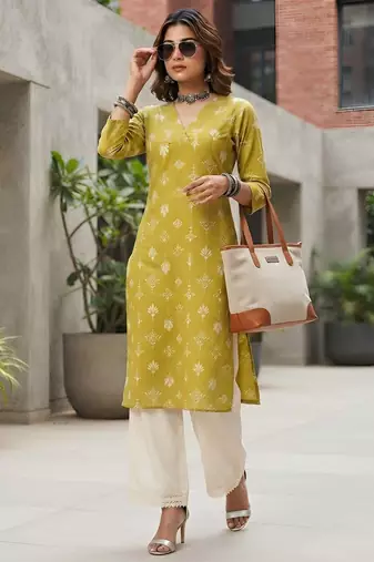 Yellow  pure cotton printed kurti for women
