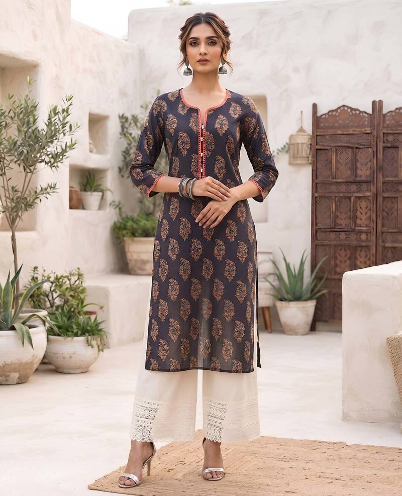 Blue  pure cotton printed kurti for women