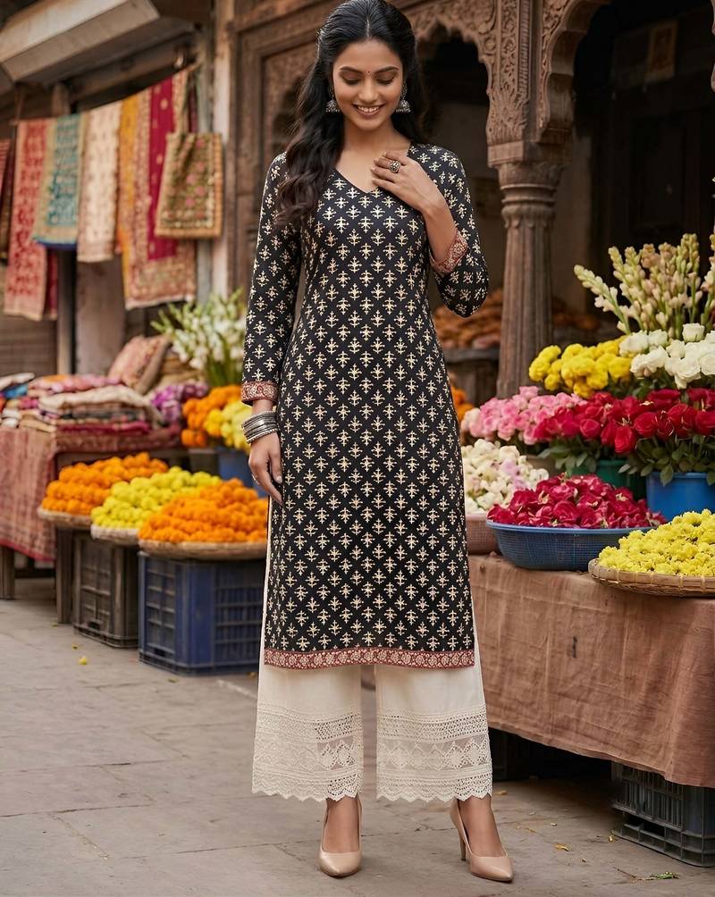 Black  pure cotton printed kurti for women