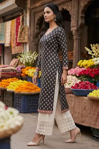 Black  pure cotton printed kurti for women