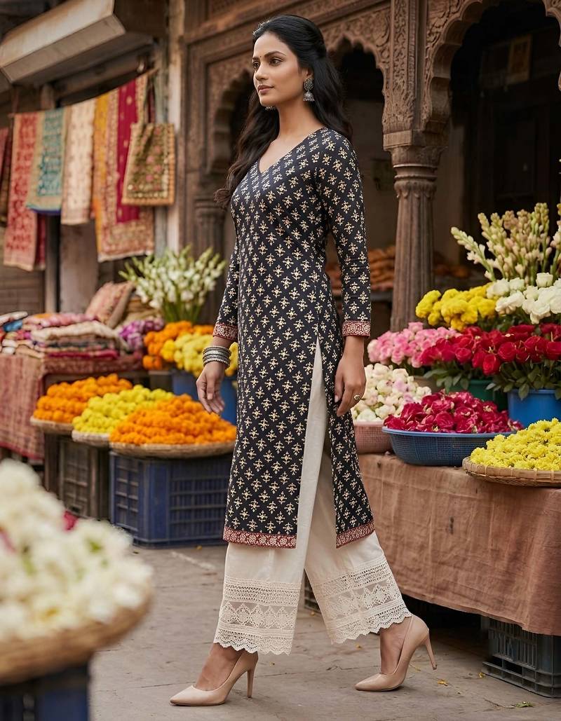Black  pure cotton printed kurti for women