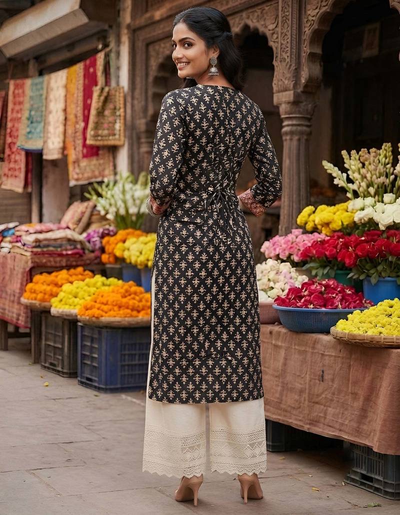Black  pure cotton printed kurti for women
