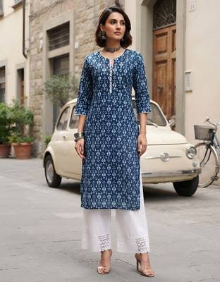 Blue  pure cotton printed kurti for women 1