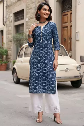 Blue  pure cotton printed kurti for women