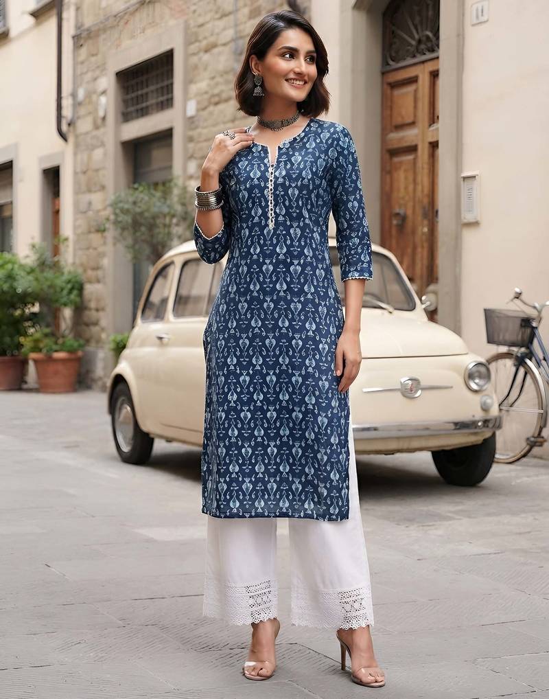Blue  pure cotton printed kurti for women