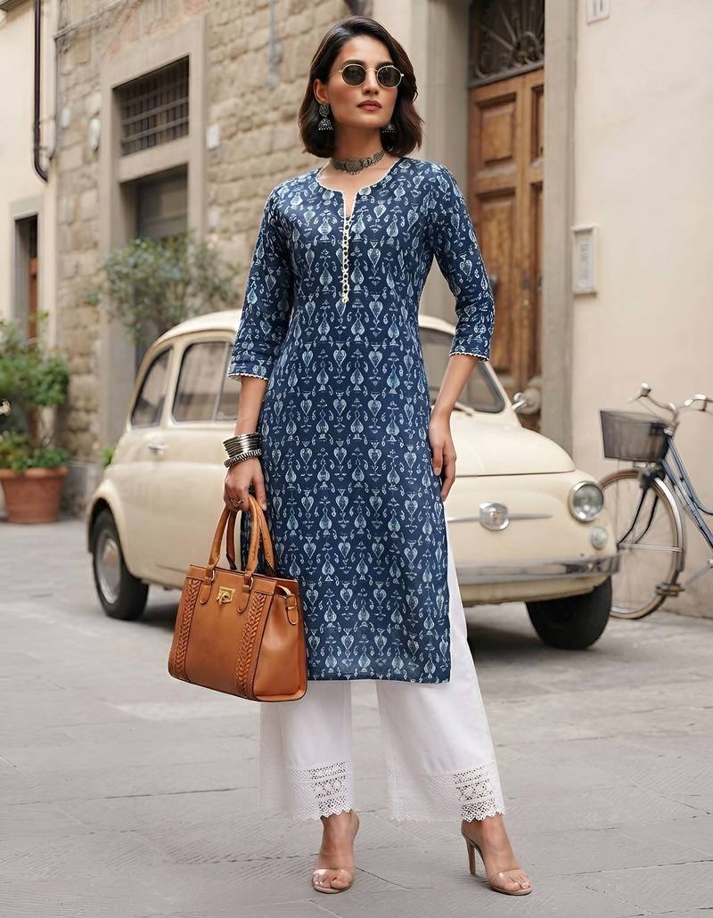 Blue  pure cotton printed kurti for women