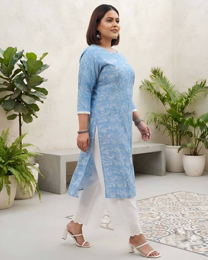 Blue  pure cotton printed kurti for women