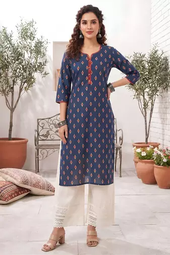 Blue  pure cotton printed kurti for women
