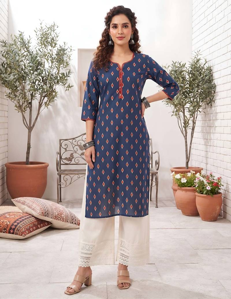 Blue  pure cotton printed kurti for women