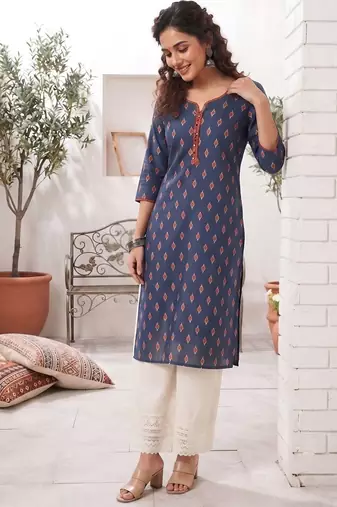 Blue  pure cotton printed kurti for women