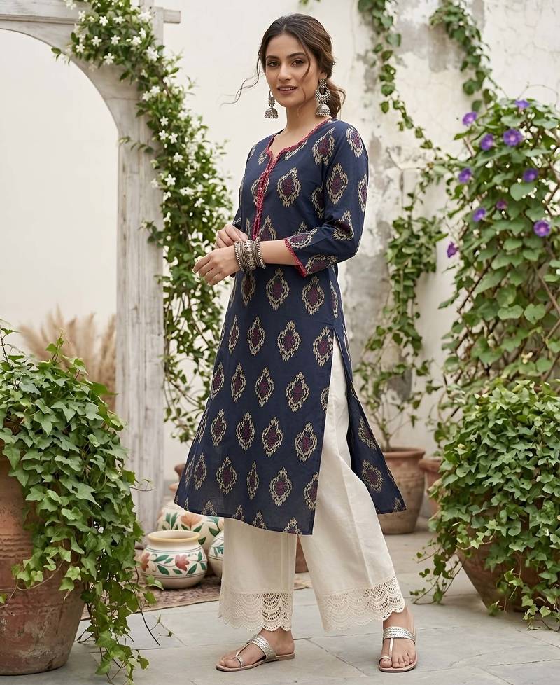 Blue  pure cotton printed kurti for women