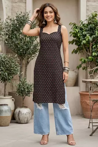 Black  pure cotton printed kurti for women