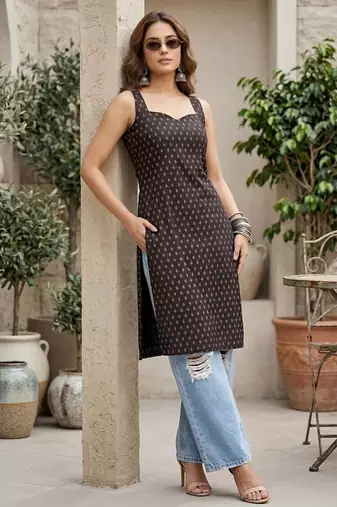 Black  pure cotton printed kurti for women