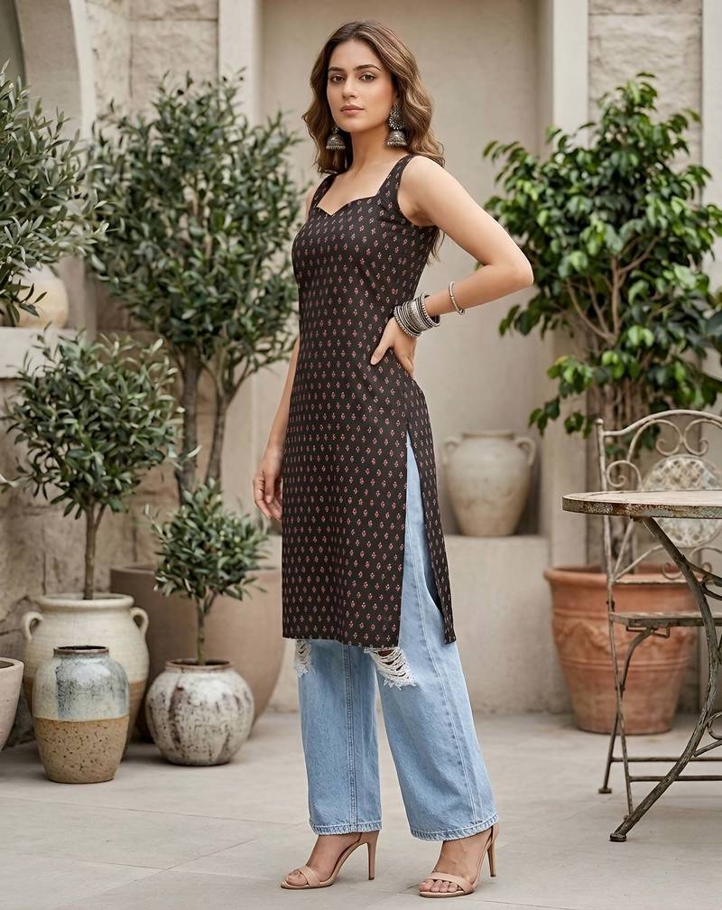 Black  pure cotton printed kurti for women