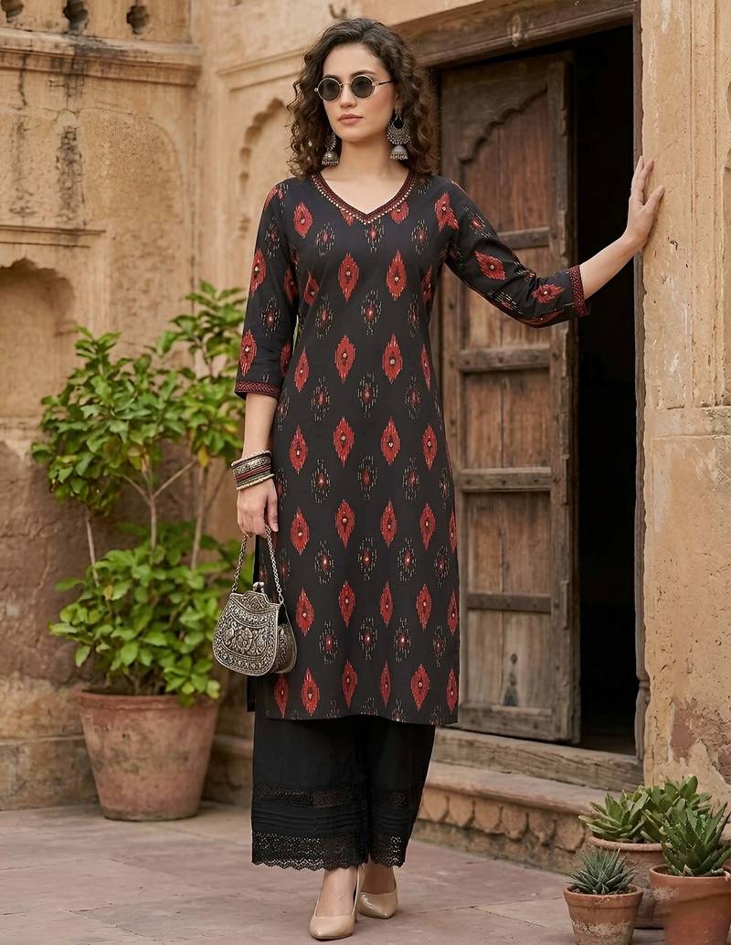Black  pure cotton printed kurti for women