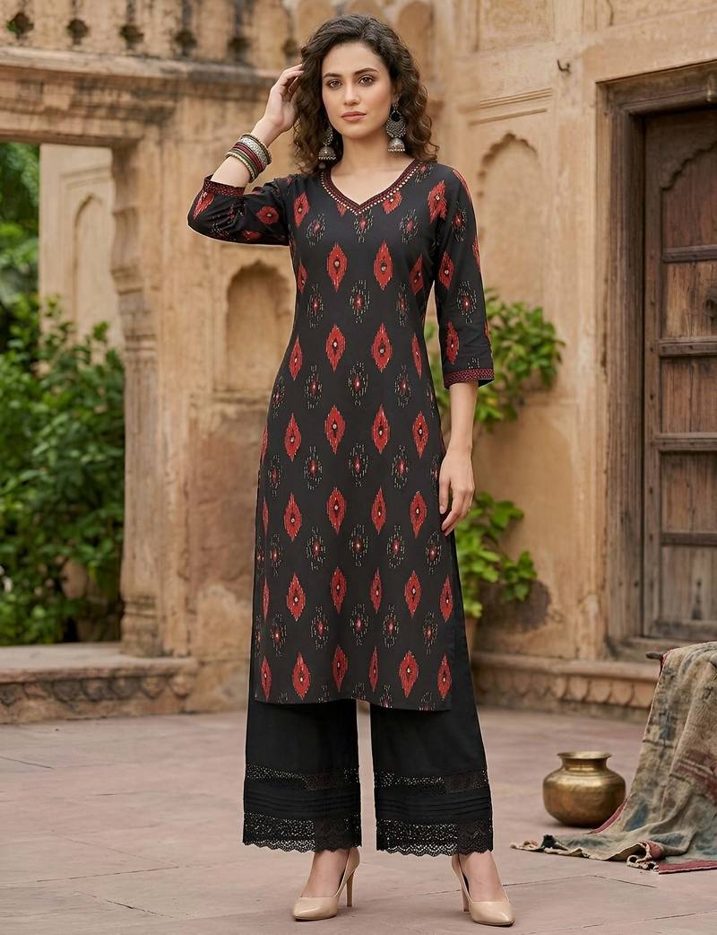 Black  pure cotton printed kurti for women